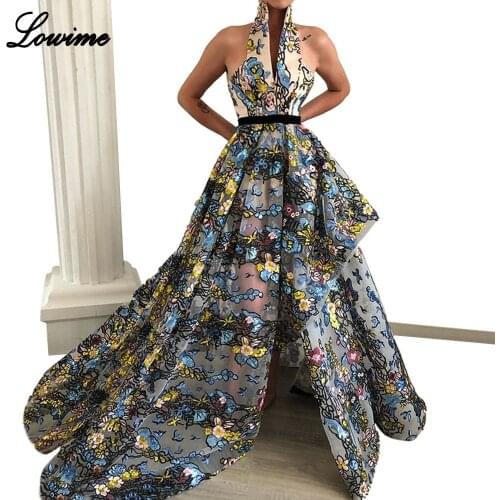 New Fashion Floral Print Prom Dresses 2019 Halter Sleeveless Illusion Dubai Evening Celebrity Prom Party Gowns robe de soiree