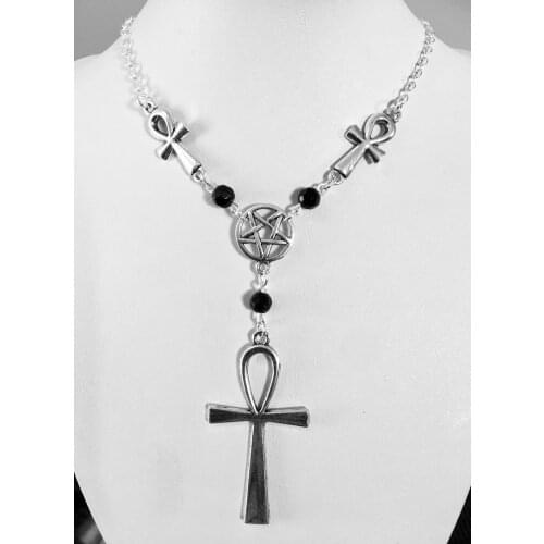 Ankh Pentagram Black Beads Pendant Wicca Necklace Jewelry For Women Gift Fashion Simple Jewellery