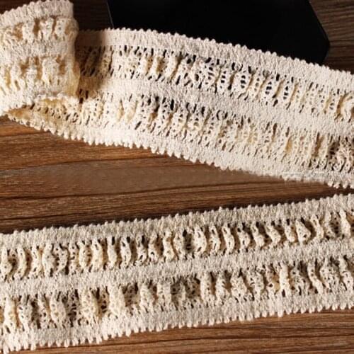 15yards 5cm Width Ruffled Stretch Cotton Lace Beige Elastic Lace Trim Bridal for headband socks Decoration