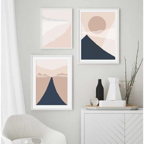 Modern Abstract Geometric Mountain Sun Highway Landscape Canvas Painting Light Tone Poster and Print for Living Room Home Decor