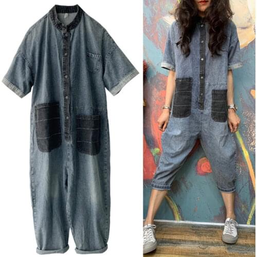Streetwear Cowboy Harem Overalls Women Europe Wide Leg Jean Jumpsuit Capris Hip Hop Cargo Short Sleeve Drop Crotch Denim Rompers