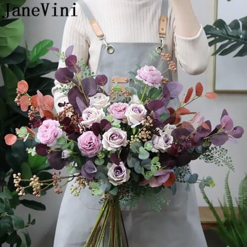 JaneVini Vintage Purple Large Bridal Bouquet Rose Artificielle Fleur Wedding Bouquet Wesele Artificial Bride Hand Holder Flowers
