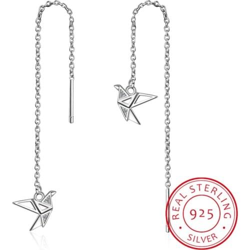 925 Sterling Silver Fine Jewelry Origami Paper Crane Dangle Earrings For Women Girls Fine Jewelry Gift G2257