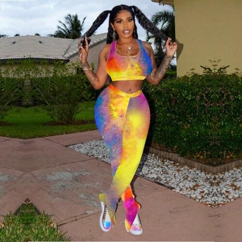 Women Sports Two Piece Suit Fashion Tie-dye Vest Top High Waist Split Trousers Pants Set Tracksuit Casual Sportswear Summer New