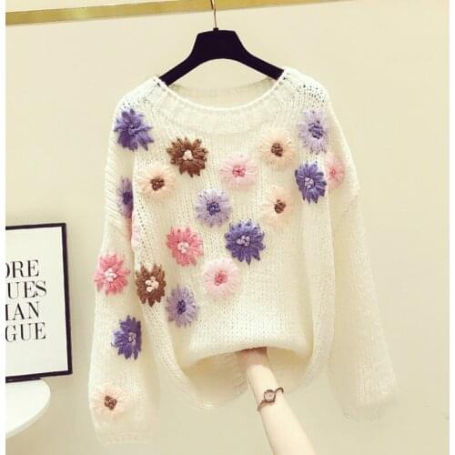 2020 Autumn Winter Long Sleeve Sweater Womens New Fashion Clothes Heavy-Duty Hook Embroidery Flower Pullover Loose Knit Top
