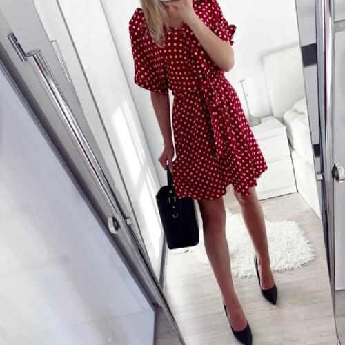 Beach Summer Shirt Dress Polka Dot Vintage High Waist Mini Casual Women Dresses Loose Short Sleeve Single-Breasted Slim Robe