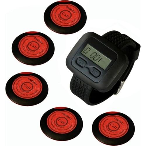SINGCALL Wireless Restaurant Service Calling System,Table Service Button, 5pcs of Table Buttons and 1pc Wrist Watch Receiver