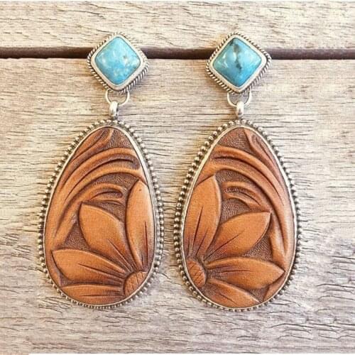 Bohemia Vintage Turquoises Big Oval Water Droplet Earring Brown Sun Flower Pattern Dangle Earrings for Women Boho Jewelry
