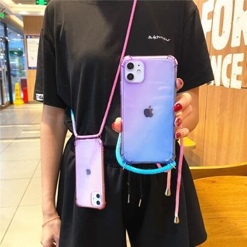 Rainbow Gradient Cord Chain Necklace Lanyard Phone Case For xiaomi mi 10 lite 9 SE Redmi 7A 8A 9A Note 8 Pro 8T 9S 9c soft Cover