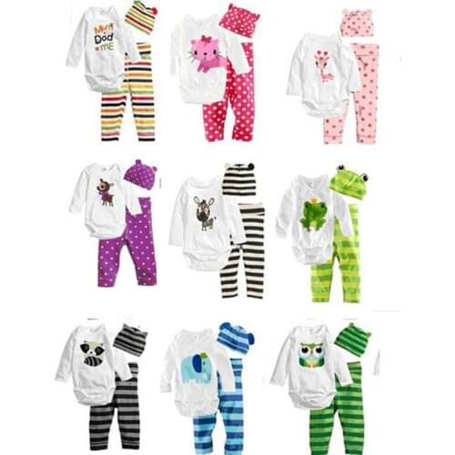 New Autumn children clothing sets tops t shirt kids rompers+ pants+ hat baby boys girls 3 pcs suit