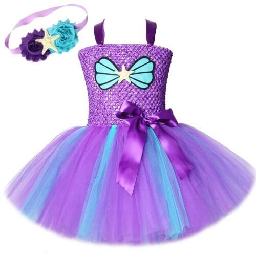 Princess Little Mermaid Girl Dress Kids Halloween Christmas Costume for Girls Mermaid Birthday Party Dresses with Headband 1-14Y