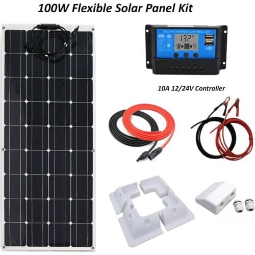 Flexible Solar Panel System 100W plate CELLS Monocrystalline silicon Panels+10A LCD solar controller+cable+cable gland+ bracket