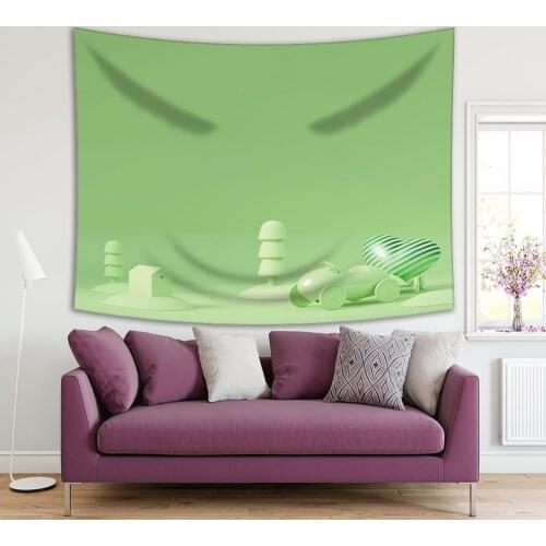 Tapestry Riding with Love Striped Heart Toy Car House and Trees Childish Cartoon Artwork Printed Green