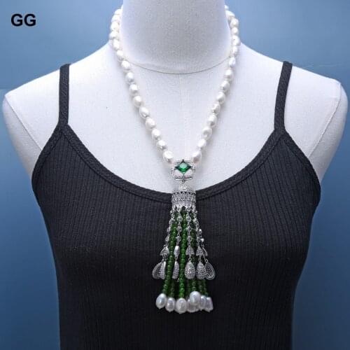 GuaiGuai Jewelry Natural White Baroque Keshi Pearl Green Jades Necklace Green CZ Pave Pendant Hyperbole Style For Women