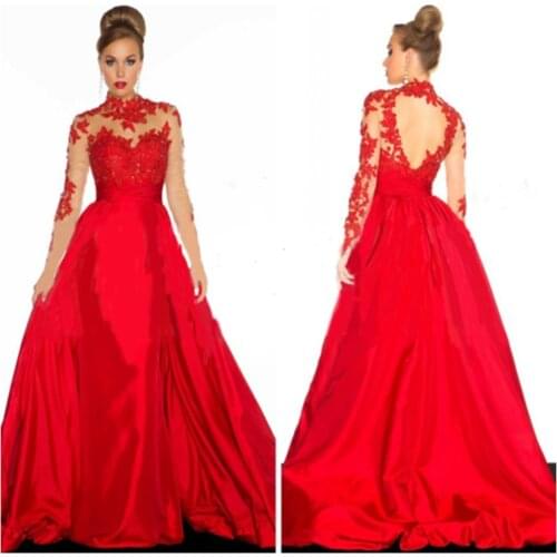 Indian saree bridal for sale fashion backless high neck a-line long sleeve lace appliuqes red evening mother of the bride dress