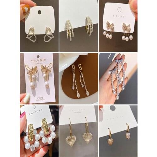 Korean Elegant Wild Long Rhinestone Pearl Bow Heart Shaped Dangle Earrings Ins For Female 2021 Trend Earrings Dress Decor