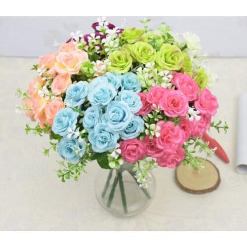 1Pcs Beautiful Rose Artificial Silk Flowers Bouquet 3.5cm Dia 15 Heads Home Party Spring Wedding Decoration Mariage Fake Flower