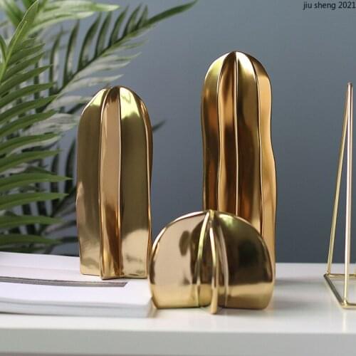 Creative Ceramic Gold Cactus Sculpture Crafts Living Room Countertop Simulation Plant Decoration Home Decoration Birthday Gifts