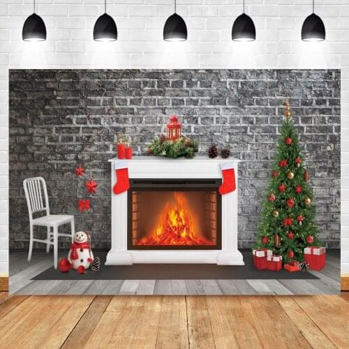 Laeacco Brick Wall Background Christmas Tree Fireplace Burning Flame Photography Backdrop Poster Wood Floor Child Photo Studio