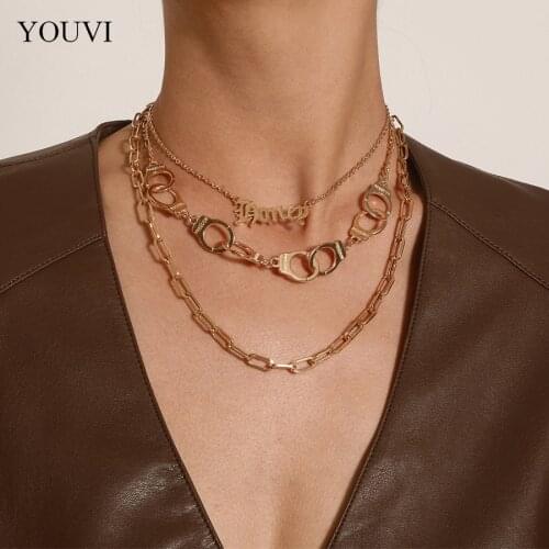 YOUVI Punk Layered Handcuffs Fashion Men Necklace Set Jewelry Goth Cuban Link Chains Necklace for Women Choker Collar Charms