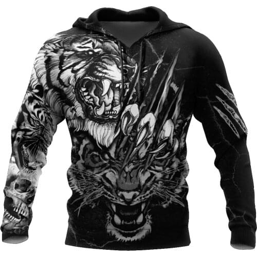 Mens Casual 3D Print Hoodies White Tiger 3D Tattoo Man Pullover Women Hood Sweatshirt Hip-Hop Jacket Unisex New Streetwear