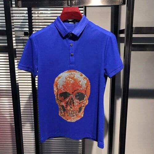 Slim Personality Shiny Mens Diamond Skull Rhinestone Color Short Sleeved Male Luxury Polo Party Spree Handsome Shirt