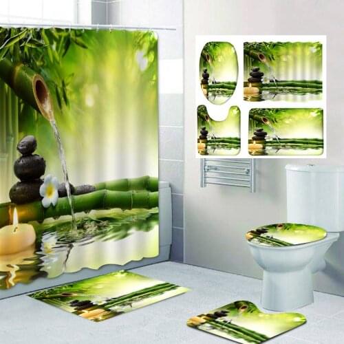 New Green Bamboo Print Shower Curtain Set Carpet Toilet Cover Bath Mat Sets Bathroom Curtain Waterproof With 12 Hooks Home Deco