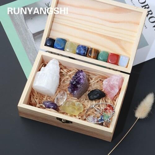 16pcs/set Natural crystal quartz Gemstone Seven chakra treatment stone Reiki Healing Crystals wooden gift box