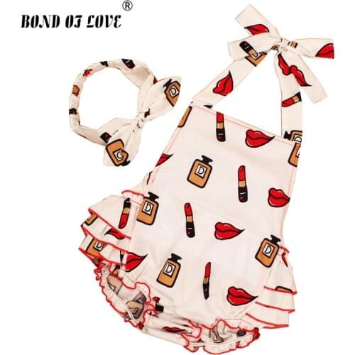 2019 New Cotton Ruffled Baby Girl Rompers Headband Set Red lips pattern Sleeveless Toddler Girl Photography Props Clothes YC045
