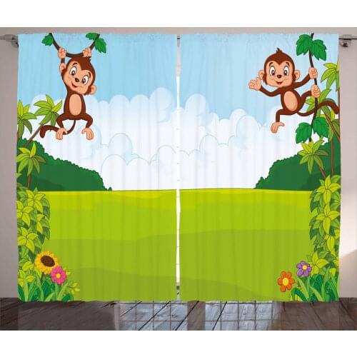 Monkey Jungle Curtains Grassland Apes on Ivy Cartoon Satin Fabric Drapes for Living Room Bedroom 2 Panel Window Set