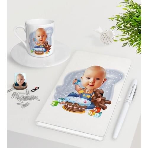 Personalized Baby Birthday Caricature Of White Notebook Pen Turkish Coffee Cup Seti-1