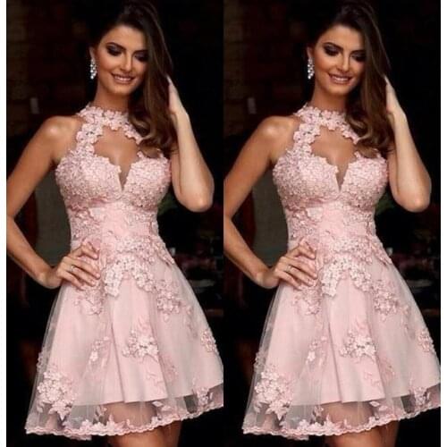 High Collar Sexy Sleeveless Homecoming Dresses Lace Applique Short Tulle Vestidos De Graduación A Line Cheap sukienki koktajlowe