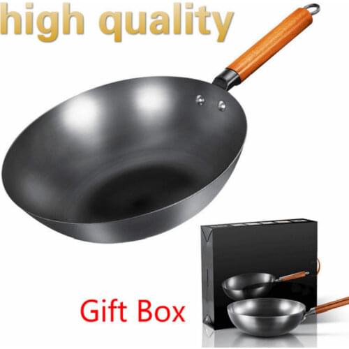 Gift Box High Quality Chinese Iron Wok Traditional Handmade Iron Wok Non-stick Pan Non-coating Induction and Gas Cooker Cookware