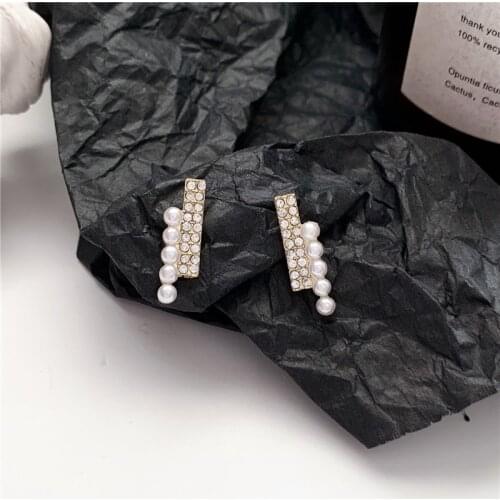 Fully Cubic Zircon Simulated-pearls Korean Earrings Shiny Career Stud Earrings