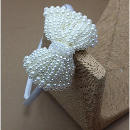 Girl headband pearl bow headband wedding Princess beads hairband satin headband vintage bow 6pcs