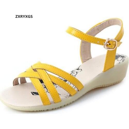 2021 Open Toe Genuine Leather Sandals Summer Women Sandals Soft Sole Wear Flat Wedges Comfortable Sandals Fashion Casual Sandals