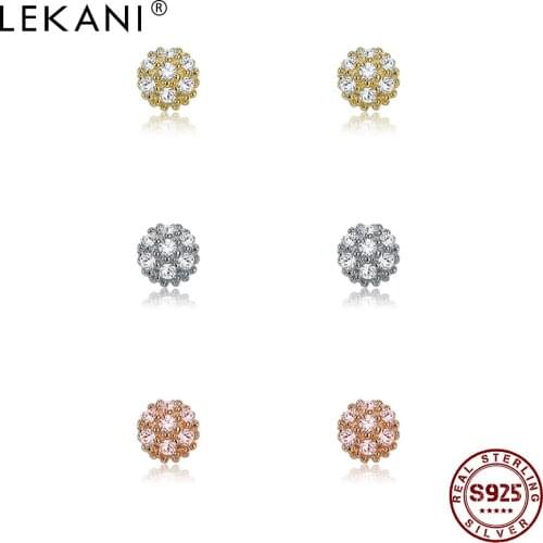 LEKANI 100% 925 Sterling Silver Round Zircon Stud Earrings Women Red Heart And Ball Pearl Earrings Set Anniversary Jewelry