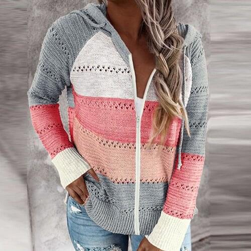 Fall Winter Women Zipper Loose Hooded Sweater Striped Color Block Hollow Out Fashion Korean Sweatshirt Femme Casual Mujer Jacket