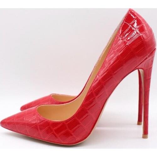 Sexy High Heels Pumps 12cm Red Snake Print Leather Pointed Toe Wedding Shoes Bride Slip-on Shallow Stiletto Heels Ladies Pump