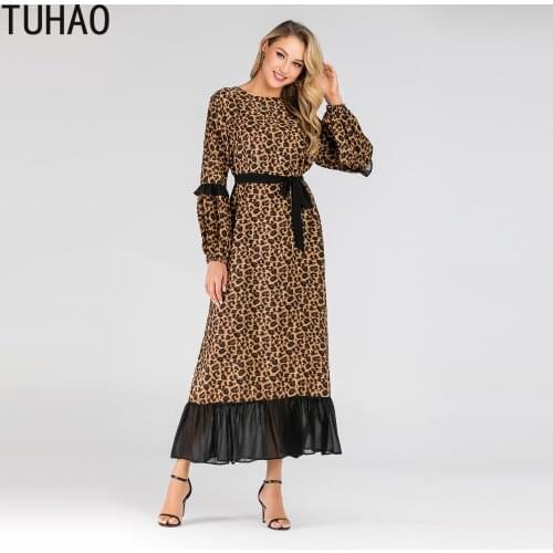 TUHAO Autumn Winter Muslim Dress Leopard Women Maxi Long Vestido Ruffles Lantern Full Sleeve Office Ladies Dresses LW27