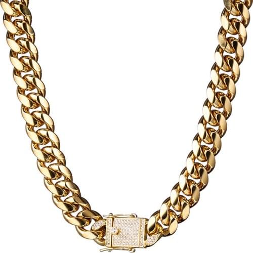 Hip Hop Mens Gold Filled Stainless Steel Curb Curb Link Chain Rhinestone Button Necklace Jewelry