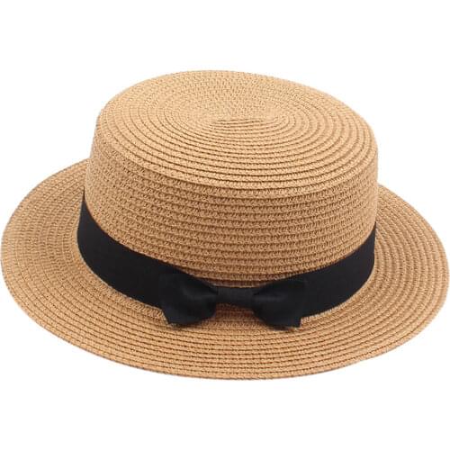 Spring and summer Korean style straw hat British retro European and American bowknot flat top hat sunscreen beach hat