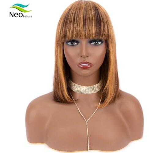 Highlight Short Bob Wigs with Bangs Human Hair Colored Straight Bob Wigs 8-14 inches Bob Human Hair Wigs Brazilian Hair
