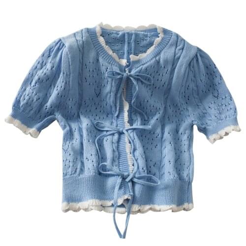 Japanese hit color lace bow tie lace up hollow out summer slim short knitted short sleeve T-shirt