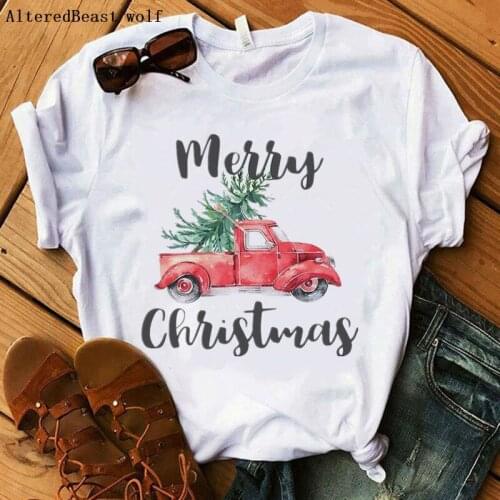 Women Red Truck Tree print merry Christmas tshirt 2019 funny white T Shirt Female tops summer vogue casual short sleeve clothes