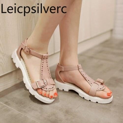 Womens Sandals summer The New fashion Open toe Buckle Metal Decoration flat Womens shoes plus size 34-43