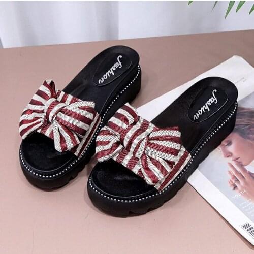 Women Bowknot Slippers 2021 Summer Casual Beach Platform Slip On Ladies Stripe Sandals Dress Party Peep Toe Female Sandalias