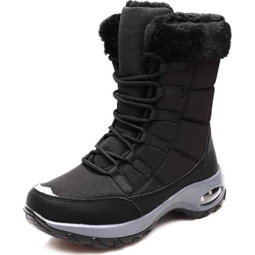 New Winter Women Boots Warm Plush Mid-Calf Womens Snow Boots Lace-up Outdoor Waterproof Hiking Boots Chaussures Femme Size 42