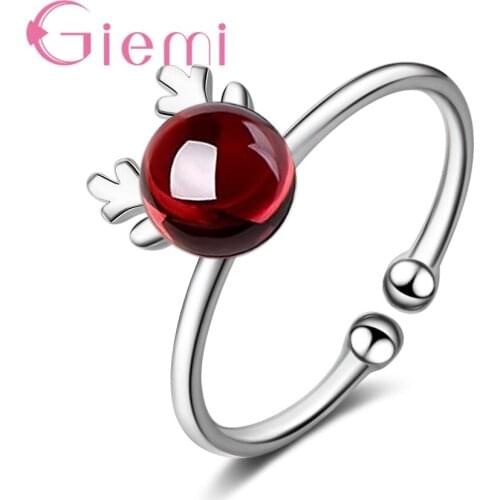 Female 925 Sterling Silver Garnet Antler Ring Opening Adjustable Strawberry Crystal Deer Finger Ring For Christmas Gift
