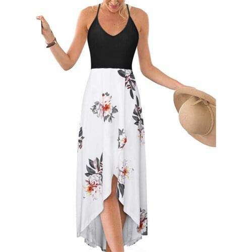 Summer Women Black Patchwork Floral Print Sling Slit Long Dress Plus Size Bohemian Sleeveless Cross Straps Dress Beach Sundress